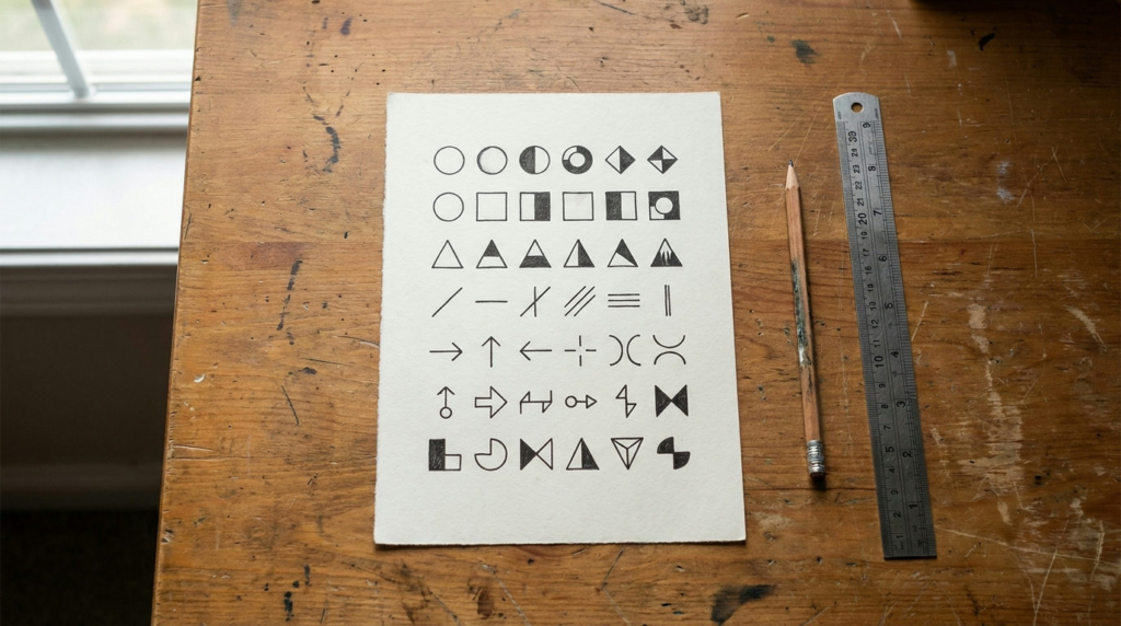 Optimize SVG Icons — a sheet of simple flat pictogram icon sketches on a designer's desk with a pencil and ruler